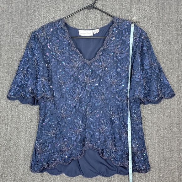 Laurence Kazar Blouse Womens M Blue Short Sleeve Sequin Beaded Shimmer Top - Picture 4 of 13